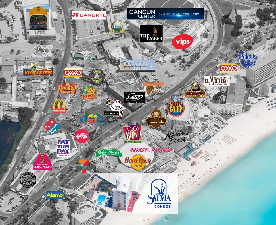 Map of the central Cancún Hotel Zone — Paradise Beachfront at Blvd. Kukulcán Km 9.5, steps from the Forum mall and Coco Bongo